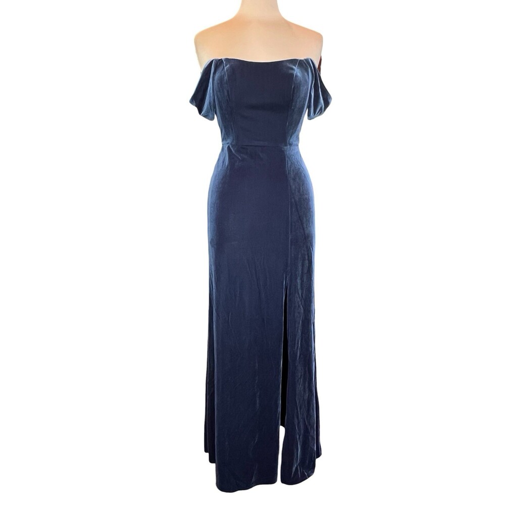 NWT $280 Jenny Yoo Issa Off-The-Shoulder Stretch Velvet Gown Dress Size 4 Blue